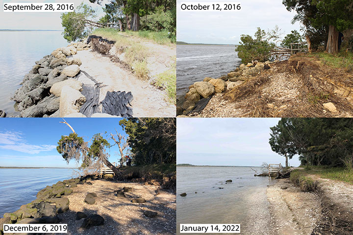 This site, like many other historic Reserve sites, has been experiencing erosion for many years that is worsening due to the climate crisis. The 2016 images show Hurricane Matthew impacts, while the others reflect ongoing erosion from tidal and wave action. Photo credit: Emily Jane Murray