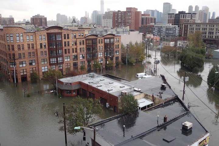 Coastal cities are increasingly vulnerable to massive flooding during extreme storms as a result of climate change. Flooding in Hoboken, NJ, October 2012. Photo credit: US Army Corps of Engineers.