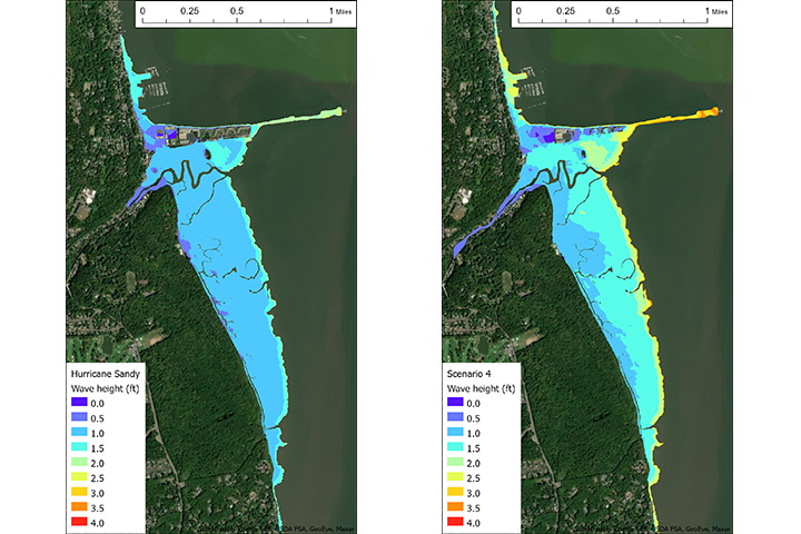These model generated images show how wave height gets significantly lower as waves move from the estuary to land. Scenario 4 shows a large storm in 2050 when sea level is projected to be 18 inches higher..
