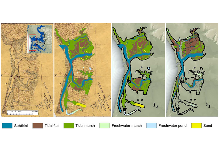 Historical mapping from 1854 (far left) to today shows expanded tide flats toward the upper regions on the map, and loss of all wetland types on the bottom.