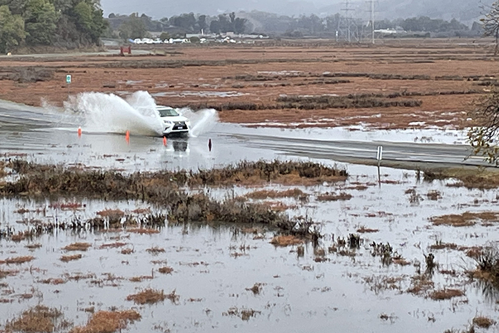 A car drives through a flooded section of China Camp State Park.