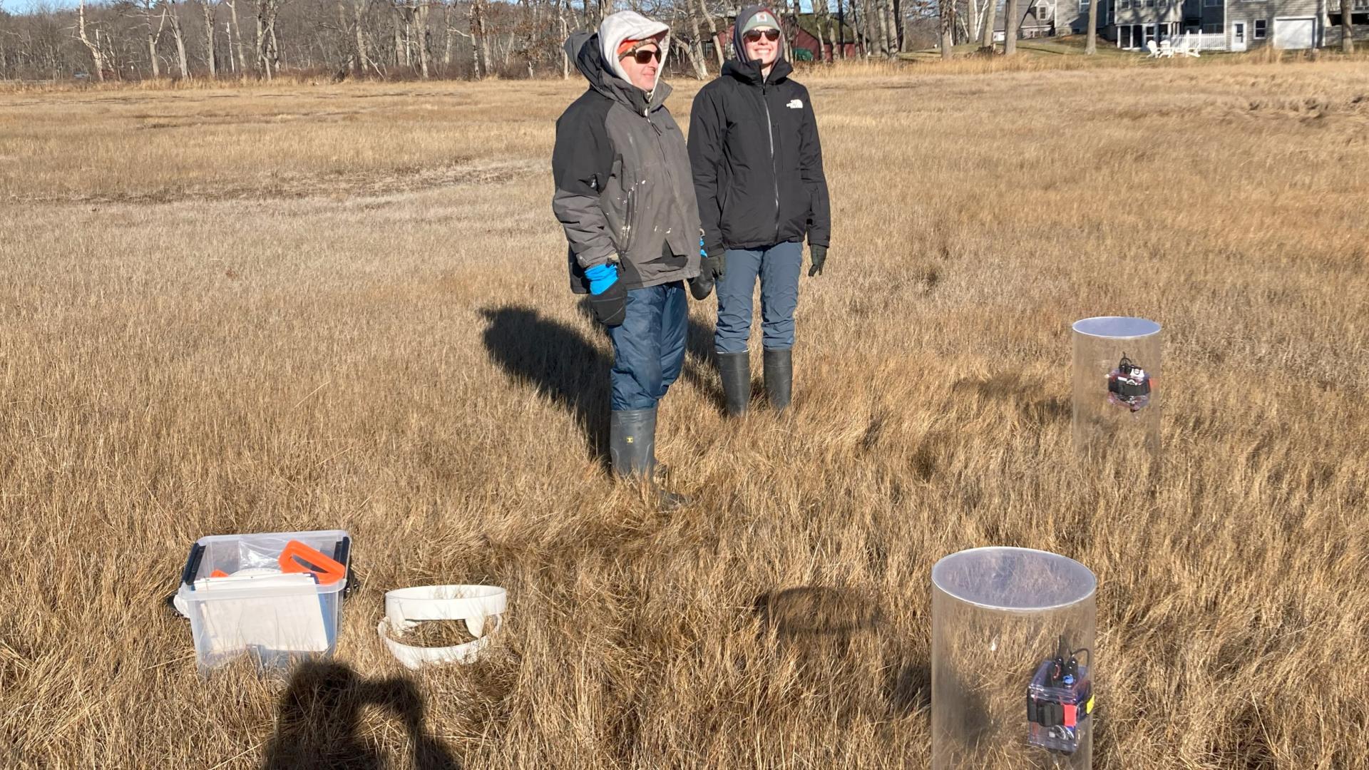 Two people standing in a grass field