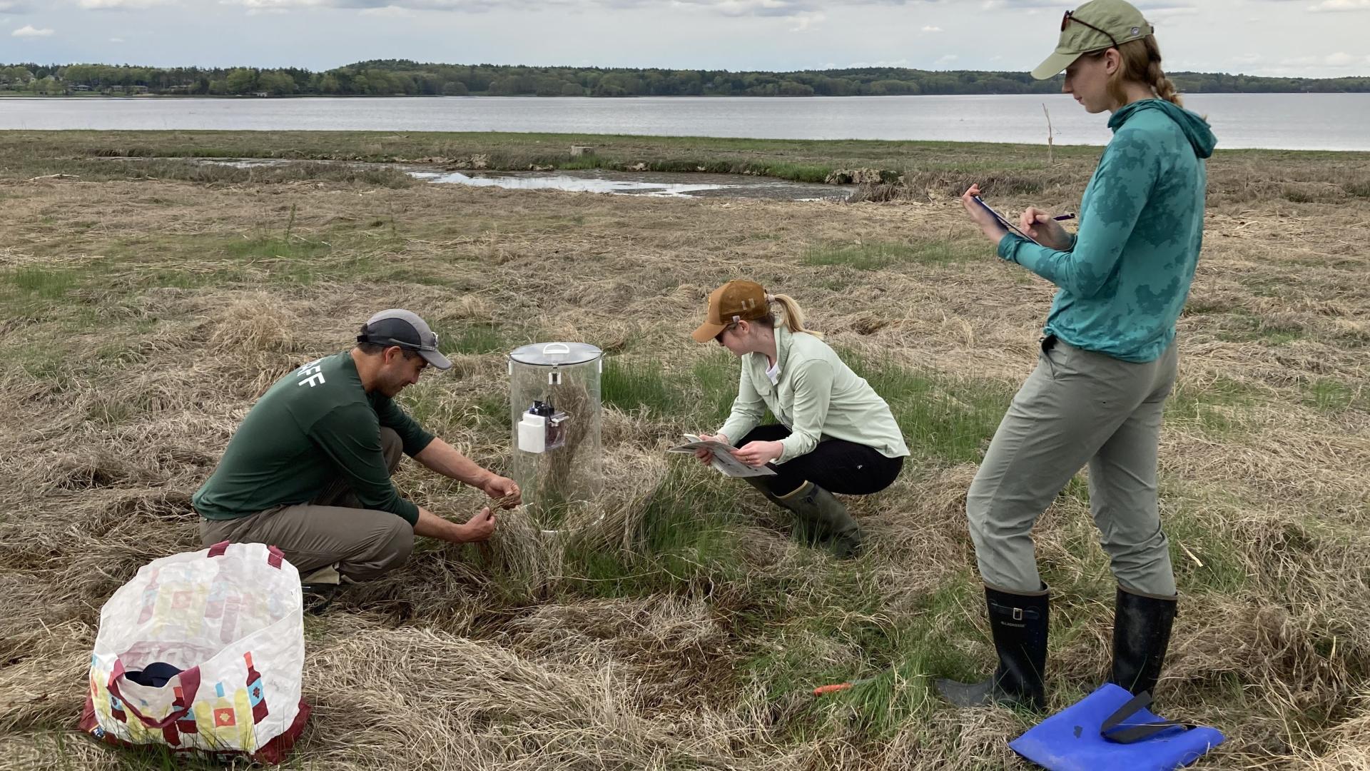 One person standing taking notes as two people are squatting down to view the cylinder sensor