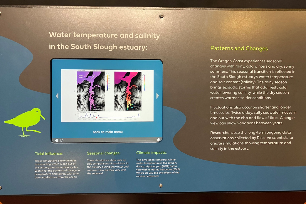 (4/4) A close up view of the exhibit at the SSNERR visitor center displaying the project findings. It features video simulations of estuarine temperature and salinity fluctuations generated by the project's hydrodynamic model. The model has one colored map for temperature and another for salinity. Each map has its own color gradient to show respective changes on the map across the year.